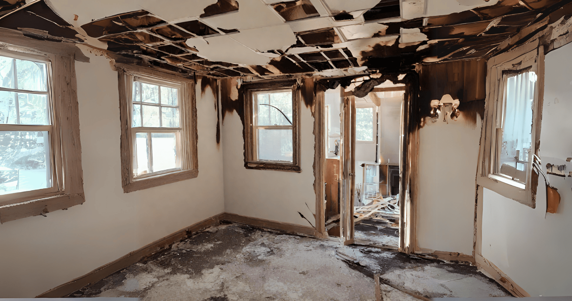 Charred interior of a Steubenville commercial space after a fire