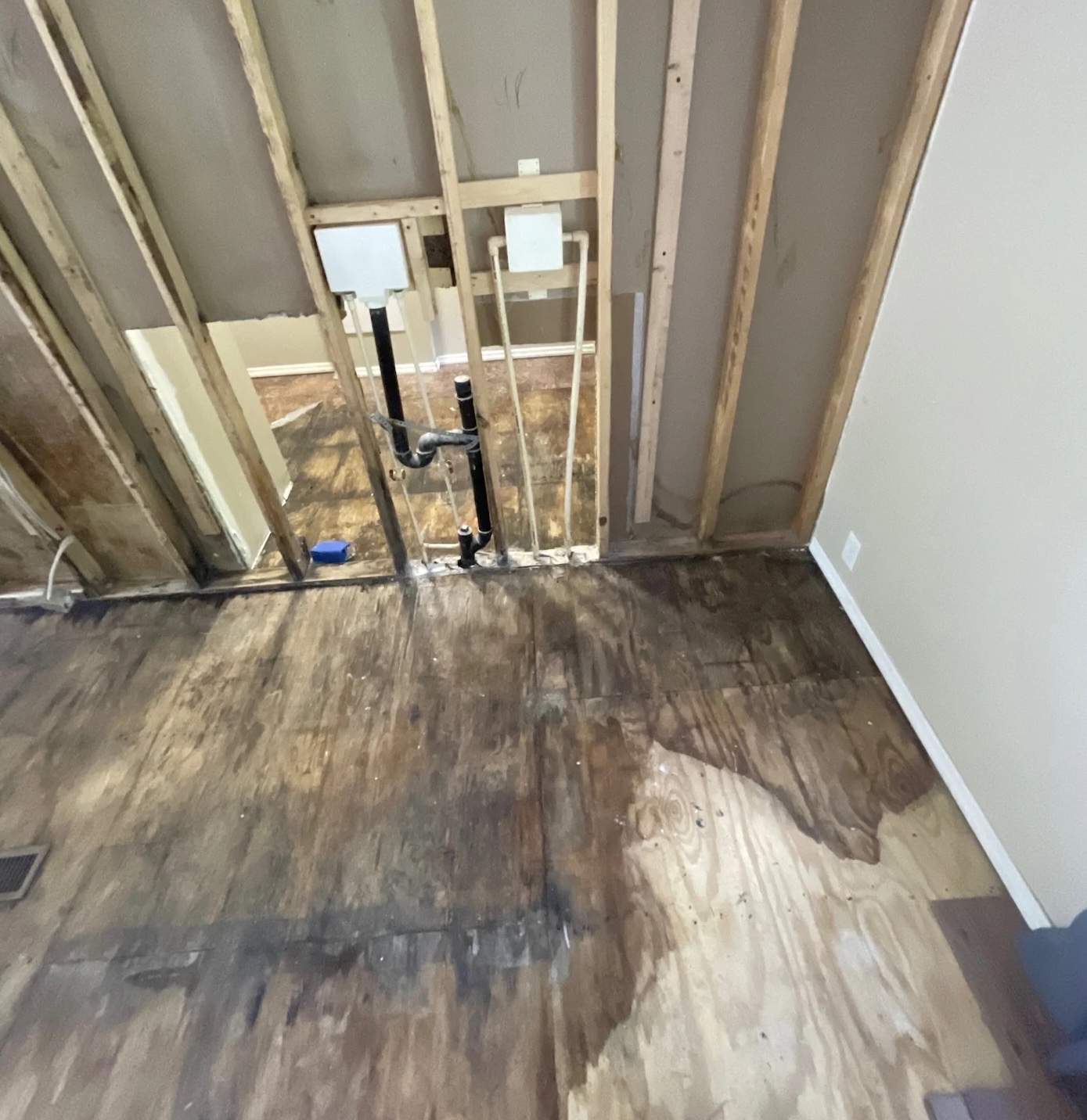 Exposed subfloor and wall studs after water damage extraction in Steubenville