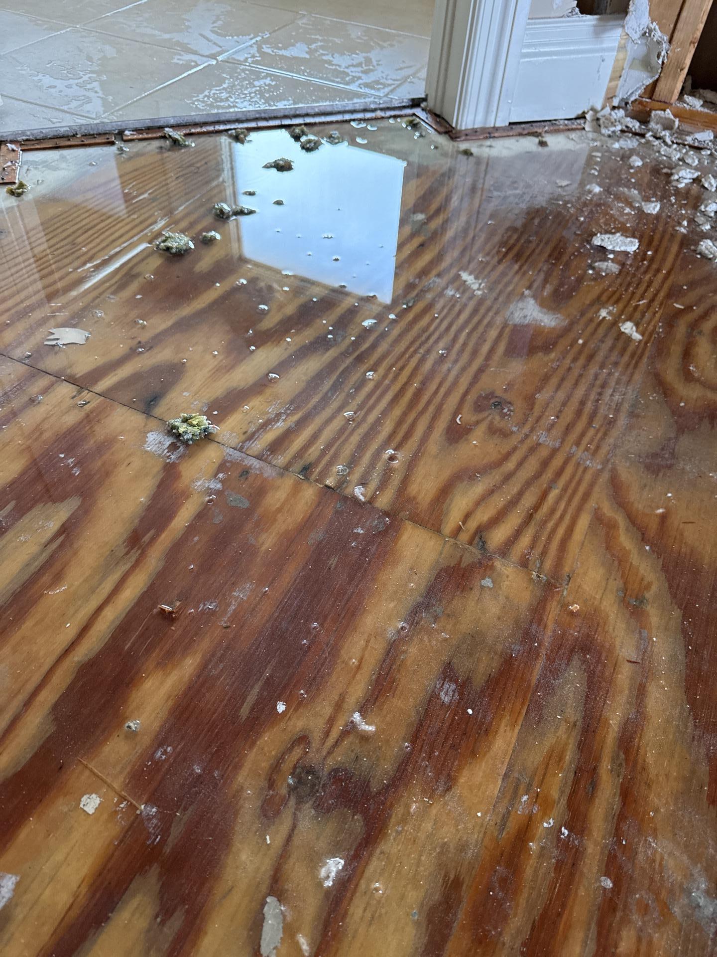 Standing water and damage on wood subfloor from storm intrusion in Steubenville